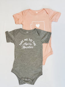 Local Kids Apparel Take Me To The Mountains Baby Onesie
